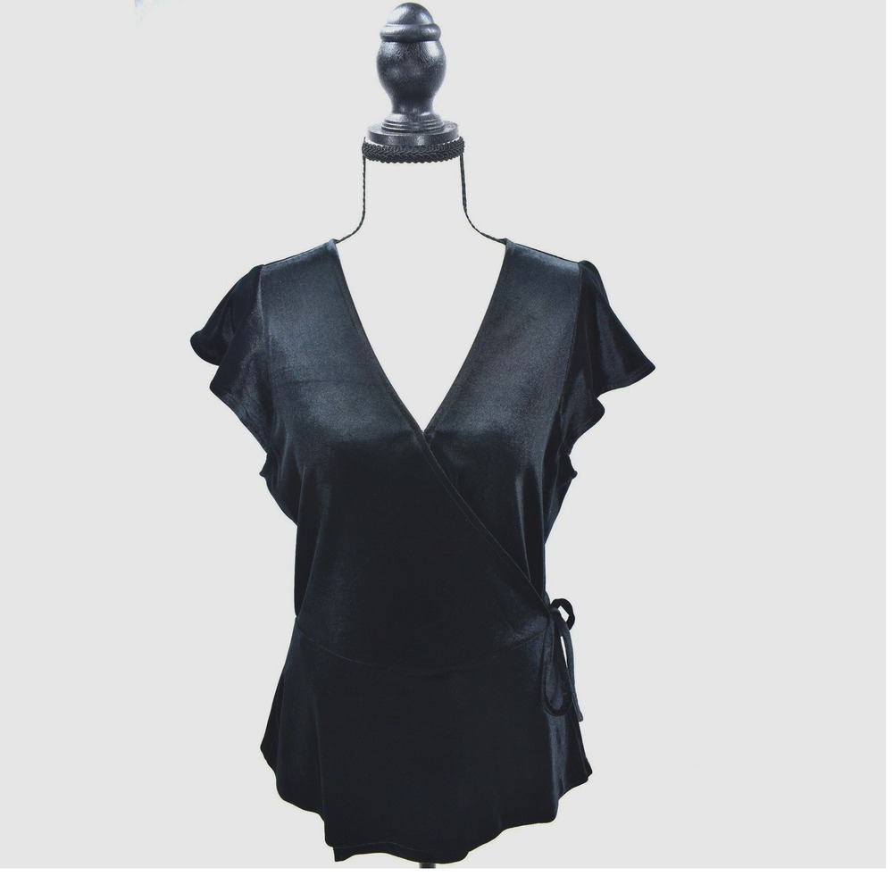 Banana Republic Black Velvet Wrap Top Flutter Sleeve V-Neck Peplum Medium